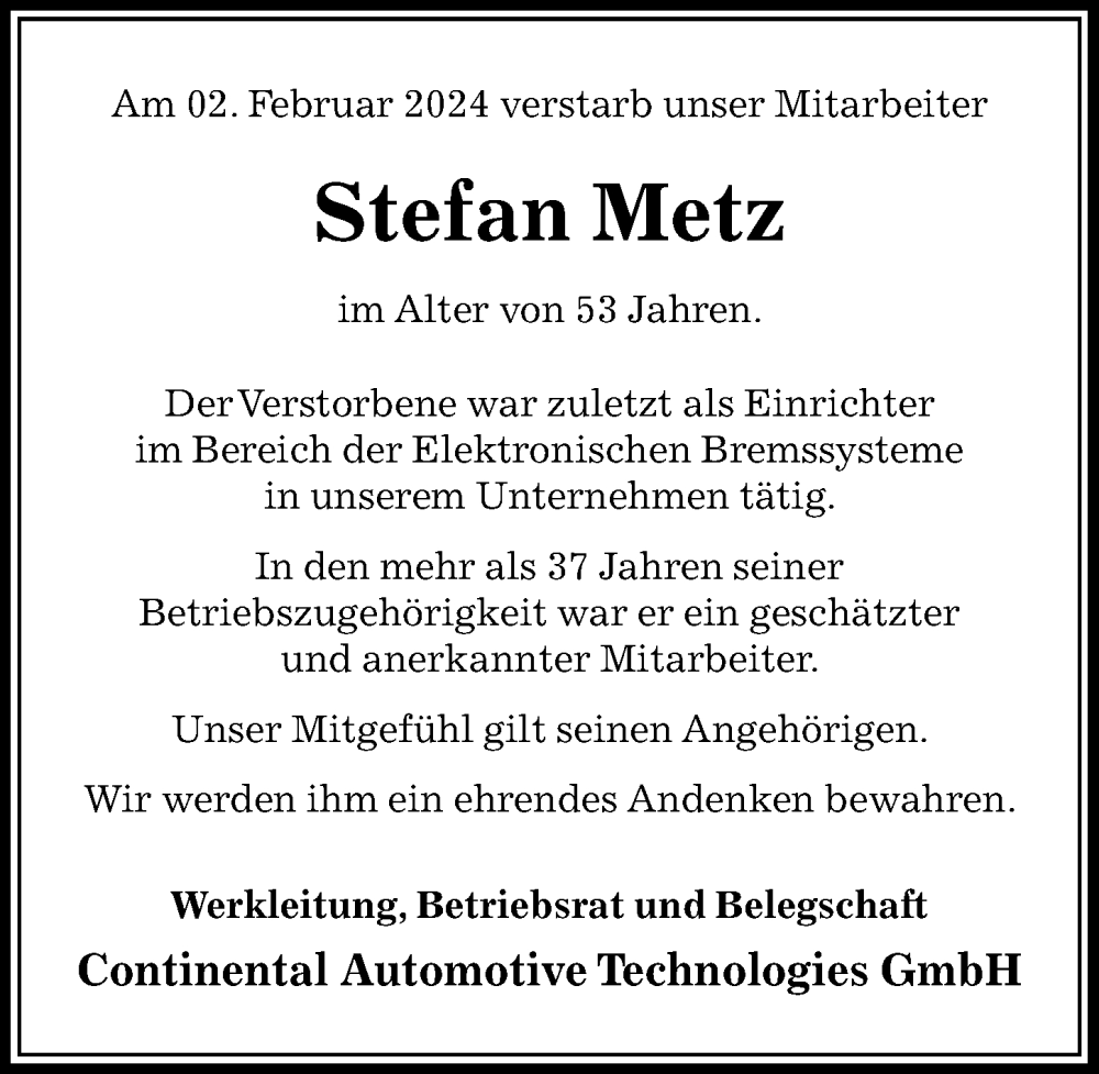  Traueranzeige für Stefan Metz vom 17.02.2024 aus Aller Zeitung
