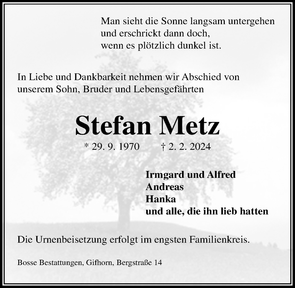  Traueranzeige für Stefan Metz vom 10.02.2024 aus Aller Zeitung