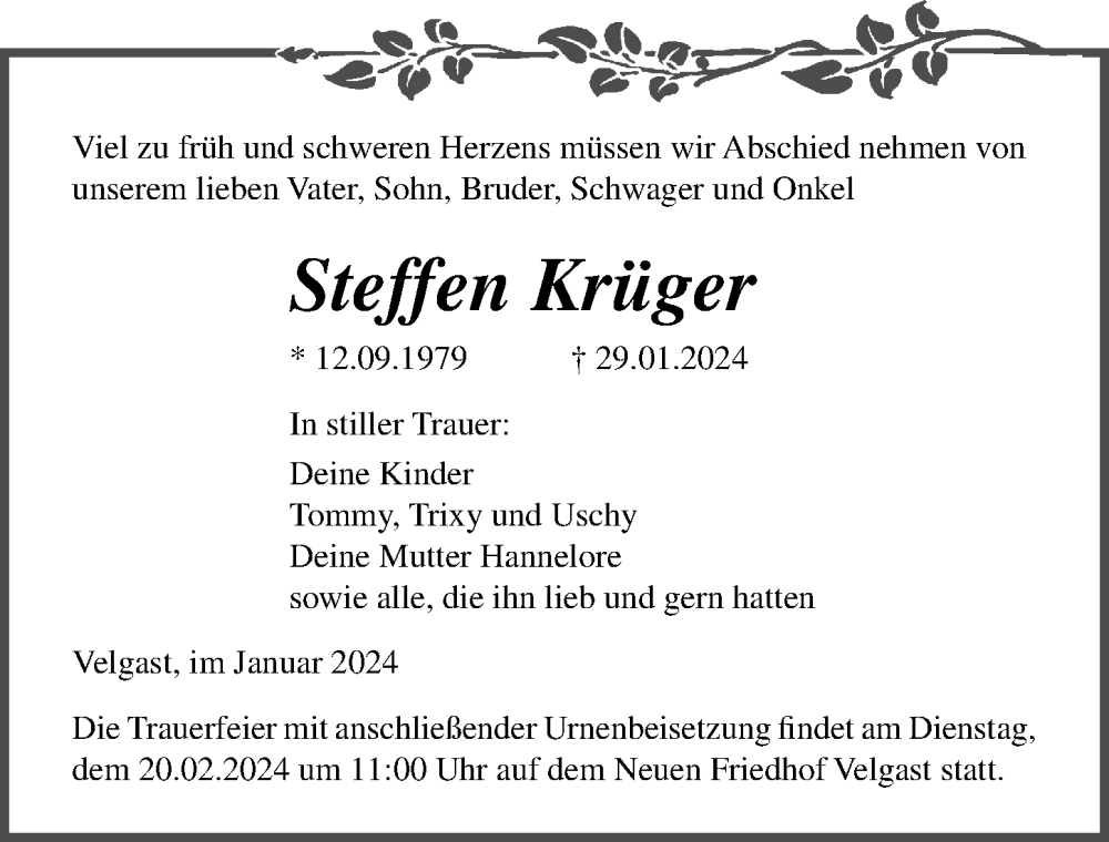  Traueranzeige für Steffen Krüger vom 03.02.2024 aus Ostsee-Zeitung GmbH