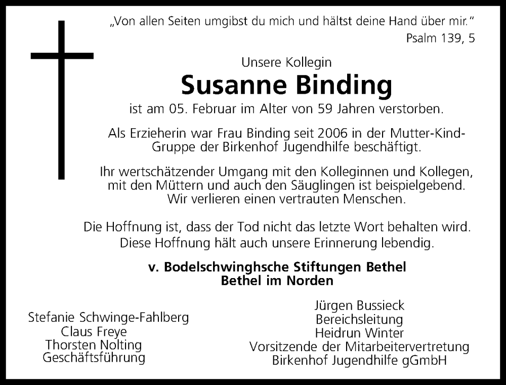  Traueranzeige für Susanne Binding vom 17.02.2024 aus Hannoversche Allgemeine Zeitung/Neue Presse