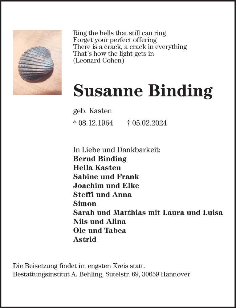  Traueranzeige für Susanne Binding vom 10.02.2024 aus Hannoversche Allgemeine Zeitung/Neue Presse