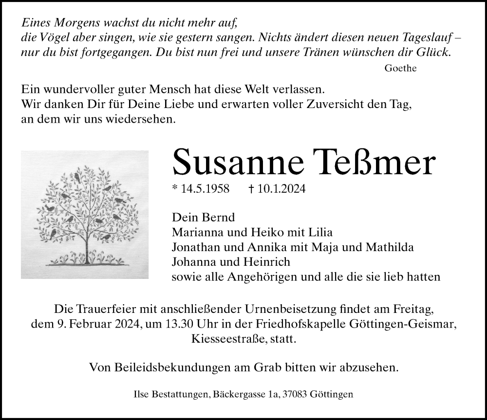  Traueranzeige für Susanne Teßmer vom 03.02.2024 aus Göttinger Tageblatt