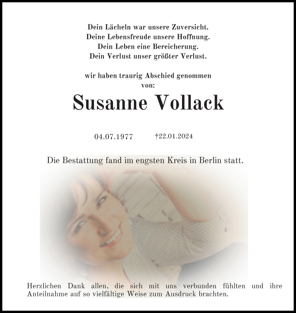  Traueranzeige für Susanne Vollack vom 10.02.2024 aus Ostsee-Zeitung GmbH