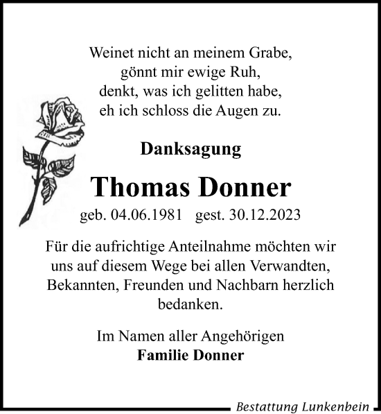 Traueranzeige von Thomas Donner von Leipziger Volkszeitung