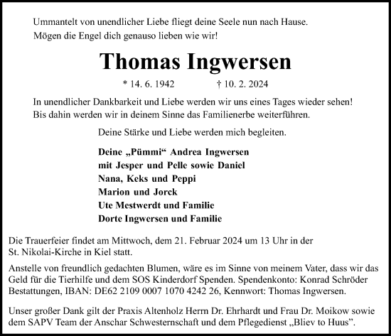 Traueranzeige von Thomas Ingwersen von Kieler Nachrichten