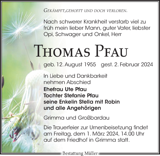 Traueranzeige von Thomas Pfau von Leipziger Volkszeitung