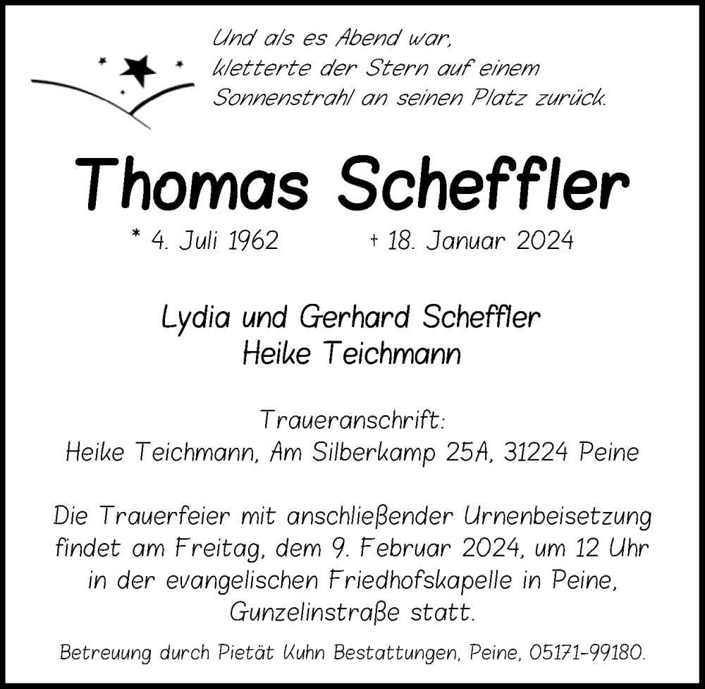  Traueranzeige für Thomas Scheffler vom 02.02.2024 aus Peiner Allgemeine Zeitung