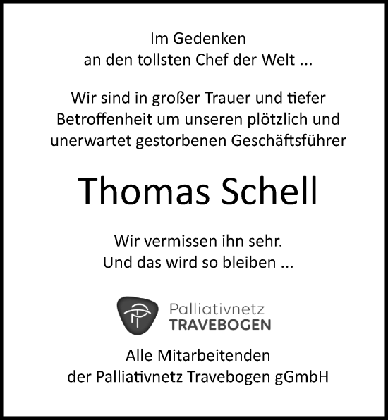 Traueranzeige von Thomas Schell von Kieler Nachrichten