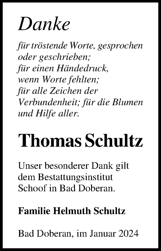 Traueranzeige von Thomas Schultz von Ostsee-Zeitung GmbH