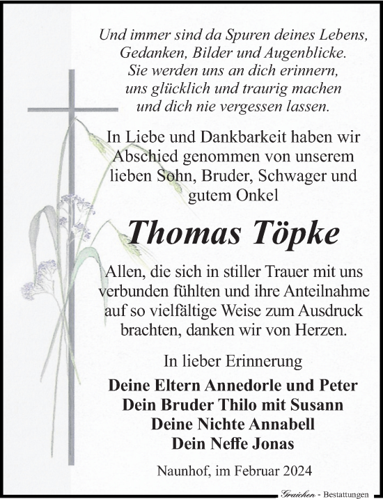 Traueranzeige von Thomas Töpke von Leipziger Volkszeitung
