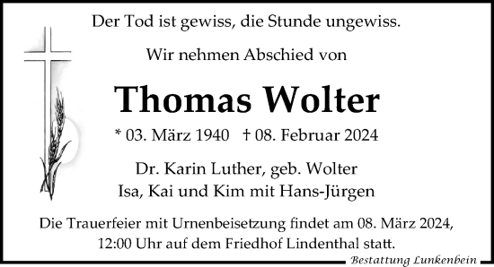 Traueranzeige von Thomas Wolter von Leipziger Volkszeitung
