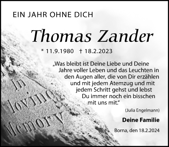 Traueranzeige von Thomas Zander von Leipziger Volkszeitung