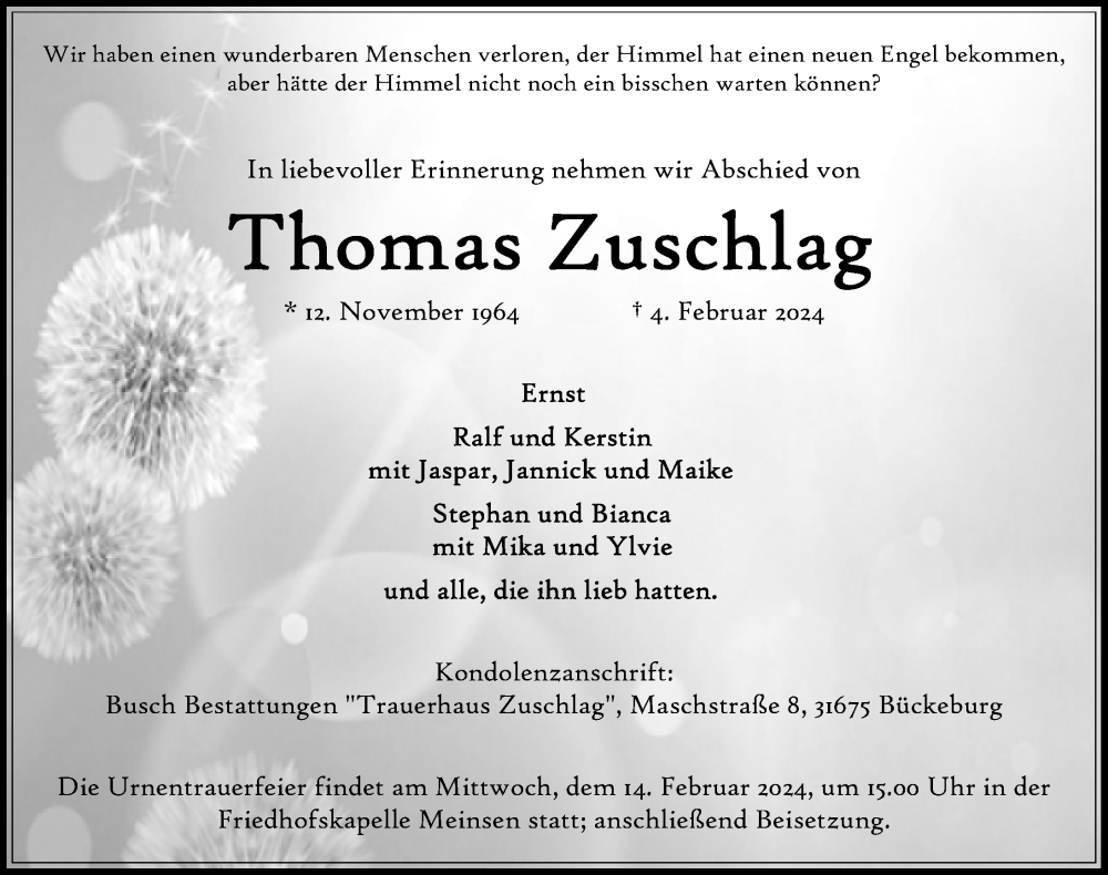  Traueranzeige für Thomas Zuschlag vom 10.02.2024 aus Schaumburger Nachrichten