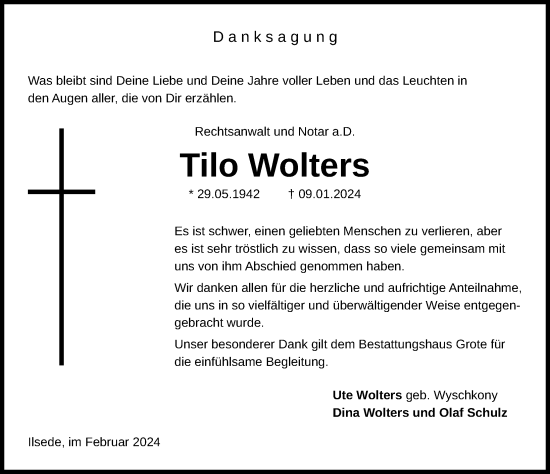 Traueranzeige von Tilo Wolters von Peiner Allgemeine Zeitung