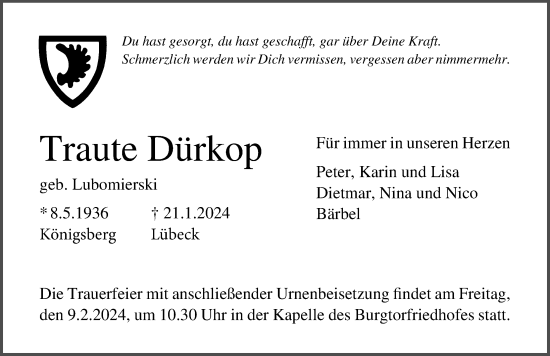 Traueranzeige von Traute Dürkop von Lübecker Nachrichten