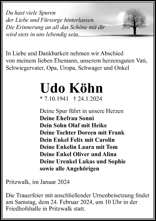 Traueranzeige von Udo Köhn von Wochenspiegel