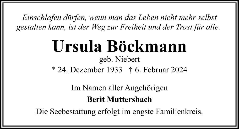  Traueranzeige für Ursula Böckmann vom 11.02.2024 aus Lübecker Nachrichten