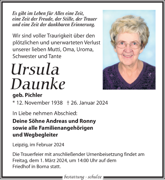 Traueranzeige von Ursula Daunke von Leipziger Volkszeitung