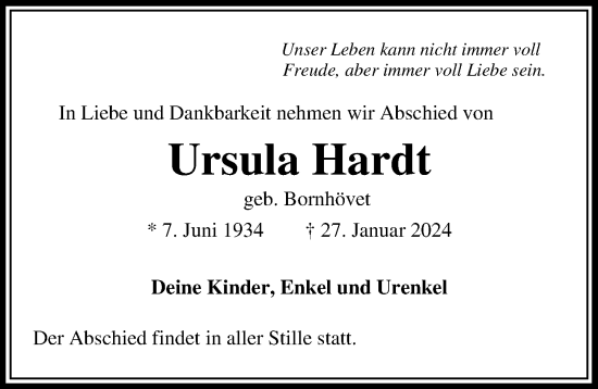 Traueranzeige von Ursula Hardt von Lübecker Nachrichten