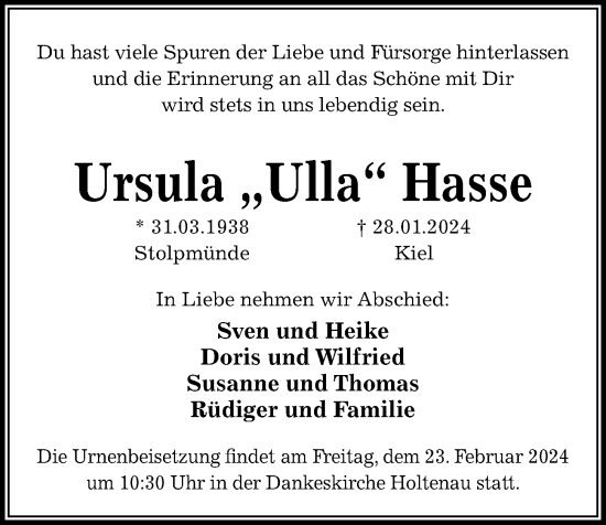 Traueranzeige von Ursula Hasse von Kieler Nachrichten