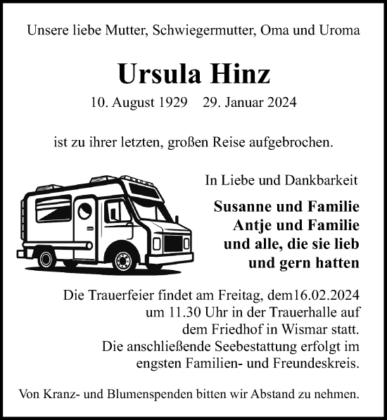 Traueranzeige von Ursula Hinz von Ostsee-Zeitung GmbH