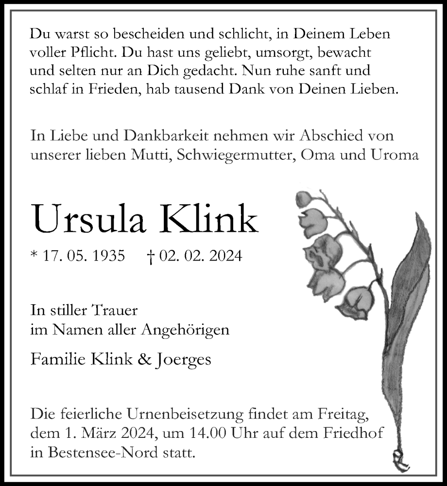  Traueranzeige für Ursula Klink vom 10.02.2024 aus Märkischen Allgemeine Zeitung