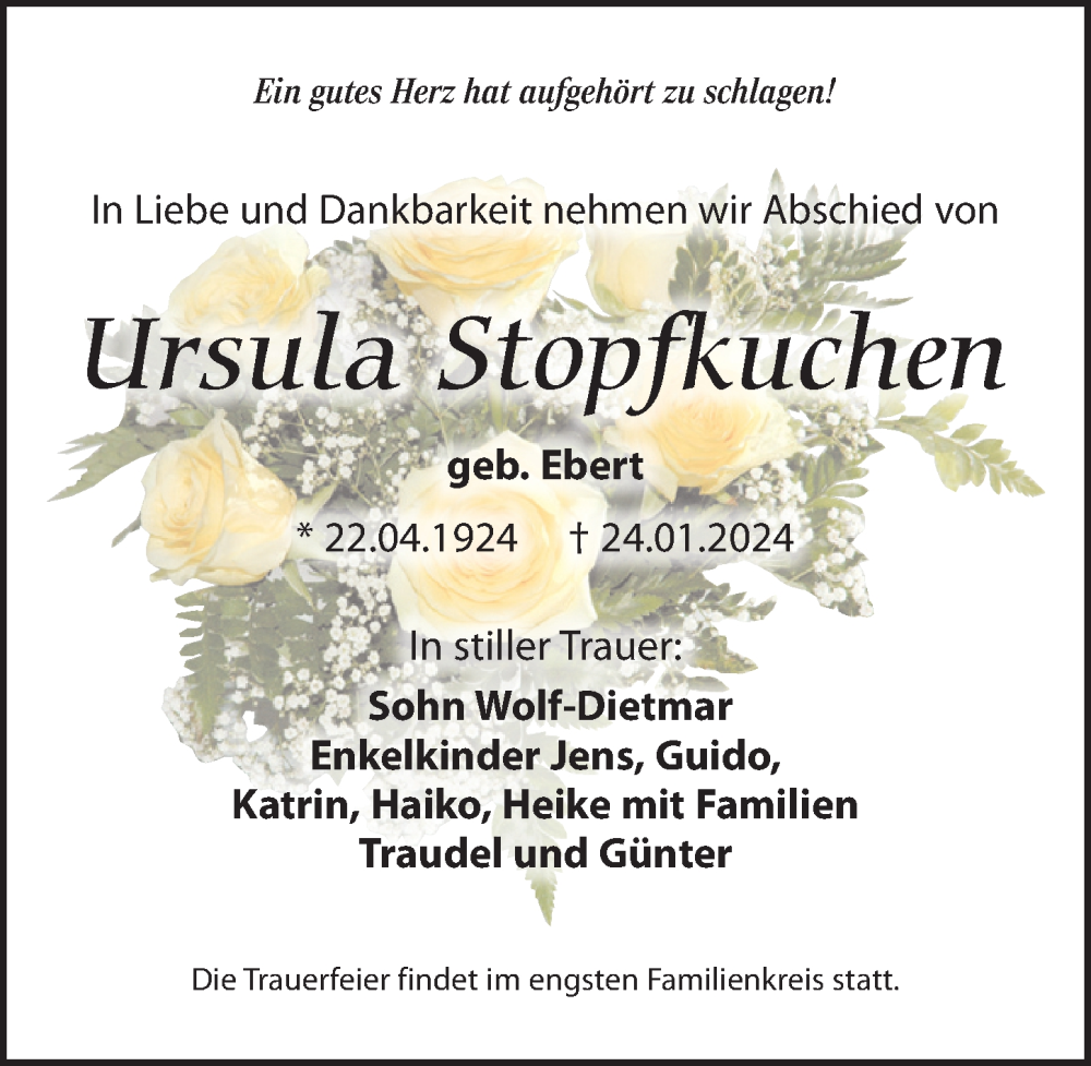 Traueranzeige für Ursula Stopfkuchen vom 10.02.2024 aus Leipziger Volkszeitung
