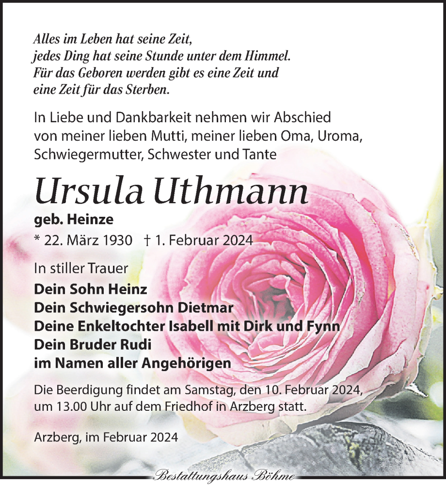  Traueranzeige für Ursula Uthmann vom 07.02.2024 aus Torgauer Zeitung
