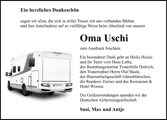 Traueranzeige von Uschi  von Ostsee-Zeitung GmbH