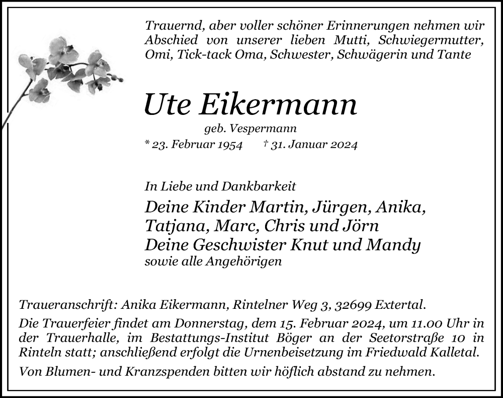  Traueranzeige für Ute Eikermann vom 10.02.2024 aus Schaumburger Nachrichten und Schaumburger Zeitung/ Landes-Zeitung