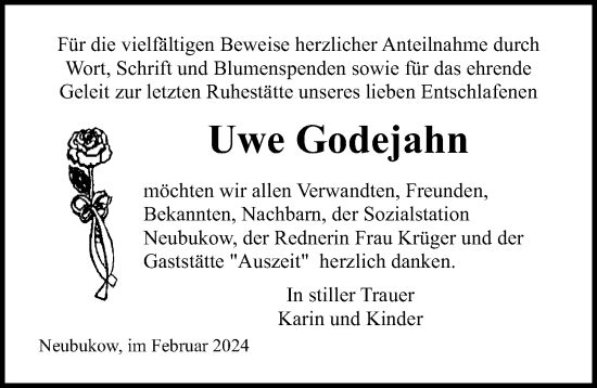 Traueranzeige von Uwe Godejahn von Ostsee-Zeitung GmbH