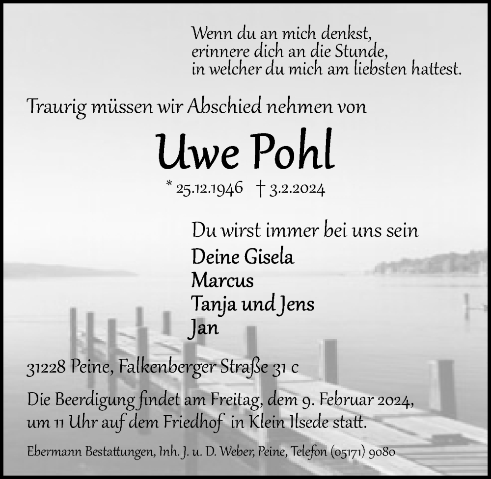  Traueranzeige für Uwe Pohl vom 07.02.2024 aus Peiner Allgemeine Zeitung