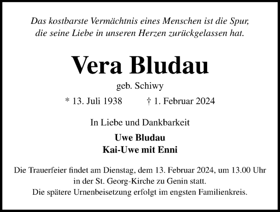 Traueranzeige von Vera Bludau von Lübecker Nachrichten
