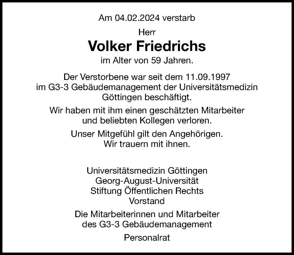  Traueranzeige für Volker Friedrichs vom 24.02.2024 aus Göttinger Tageblatt