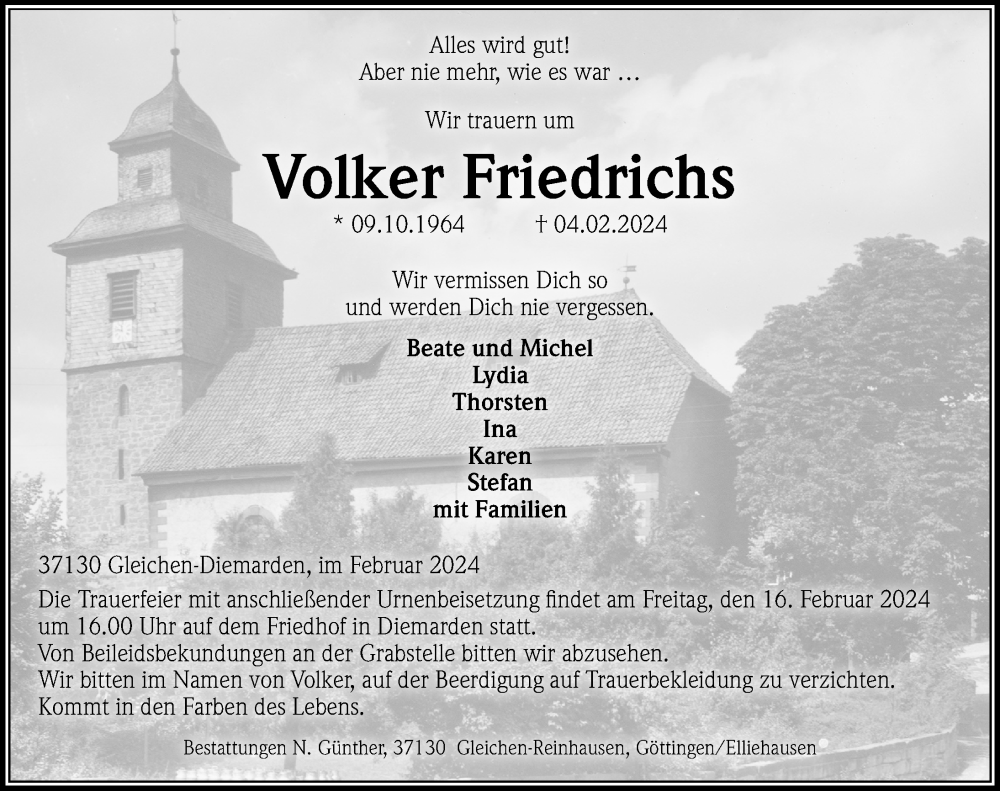  Traueranzeige für Volker Friedrichs vom 10.02.2024 aus Göttinger Tageblatt