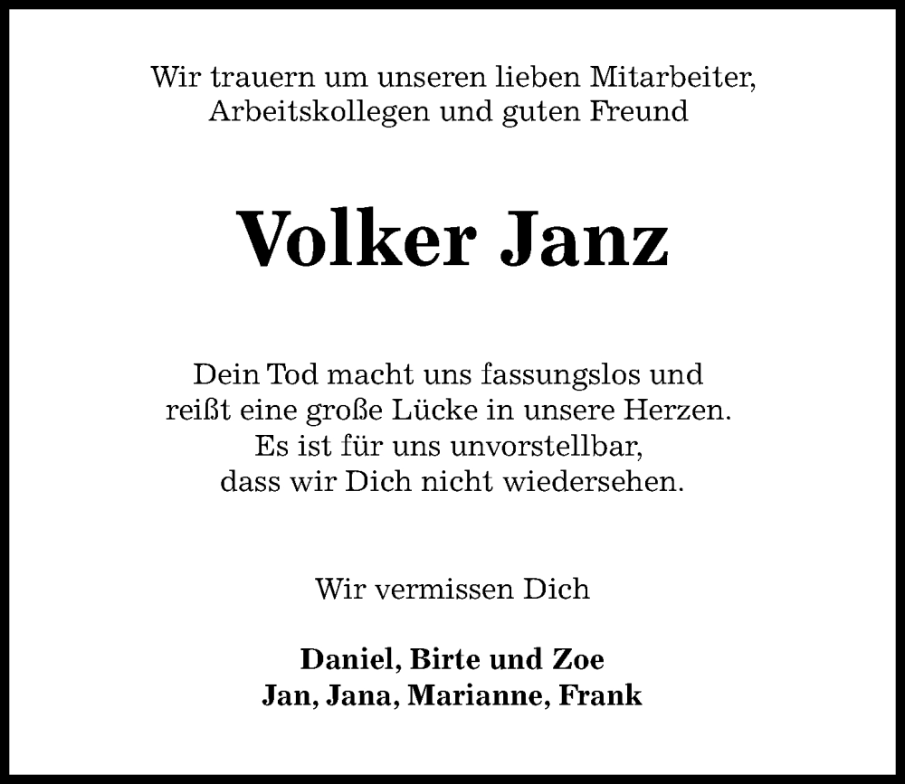  Traueranzeige für Volker Janz vom 10.02.2024 aus Kieler Nachrichten