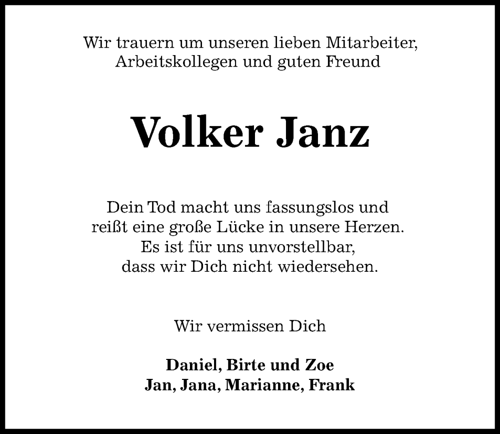 Traueranzeigen von Volker Janz | trauer-anzeigen.de