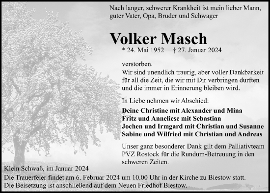 Traueranzeige von Volker Masch von Ostsee-Zeitung GmbH