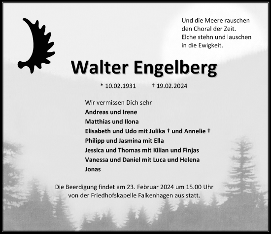 Traueranzeige von Walter Engelberg von Göttinger Tageblatt