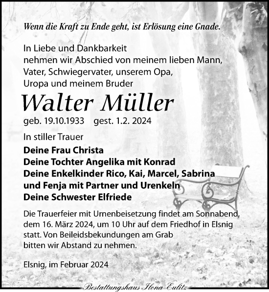 Traueranzeige von Walter Müller von Torgauer Zeitung