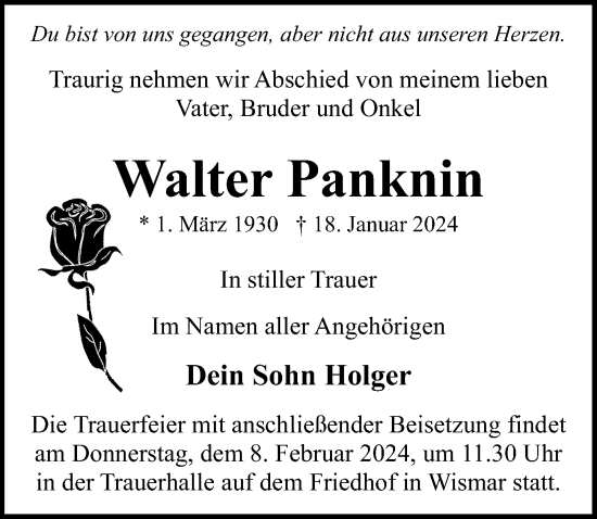 Traueranzeige von Walter Panknin von Ostsee-Zeitung GmbH