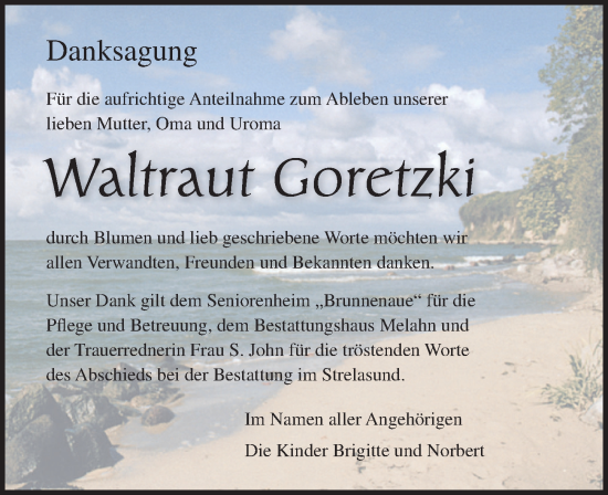 Traueranzeige von Waltraut Goretzki