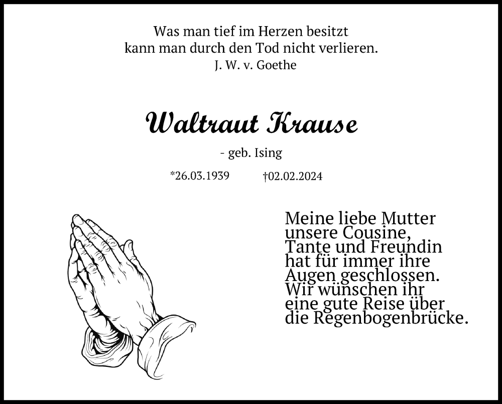  Traueranzeige für Waltraut Krause vom 16.02.2024 aus Ostsee-Zeitung GmbH