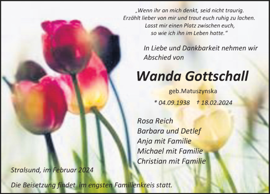 Traueranzeige von Wanda Gottschall von Ostsee-Zeitung GmbH