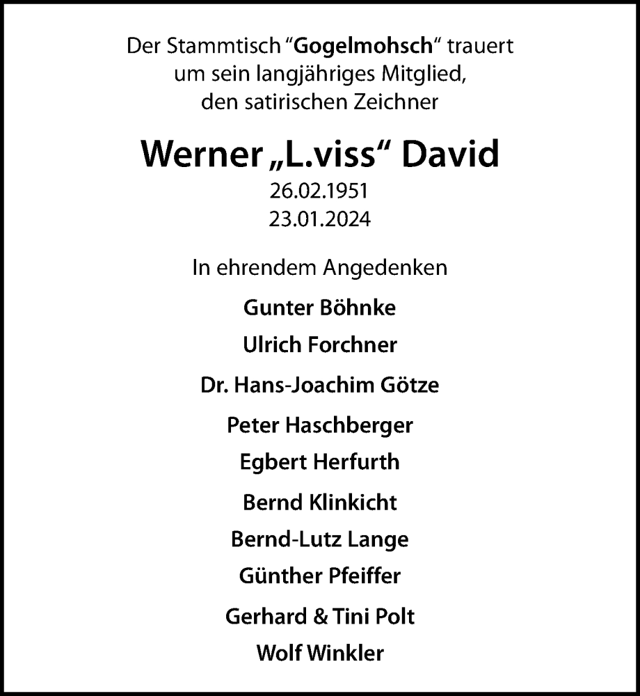  Traueranzeige für Werner David vom 03.02.2024 aus Leipziger Volkszeitung