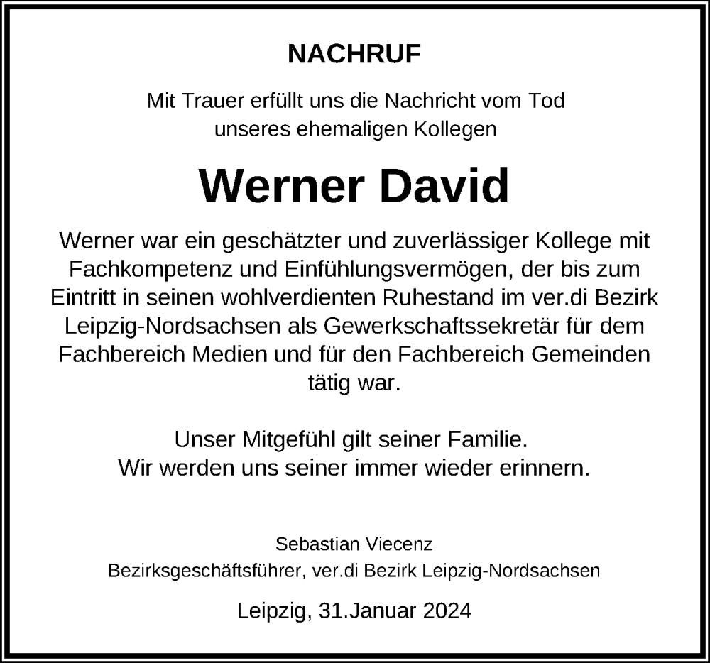  Traueranzeige für Werner David vom 03.02.2024 aus Leipziger Volkszeitung