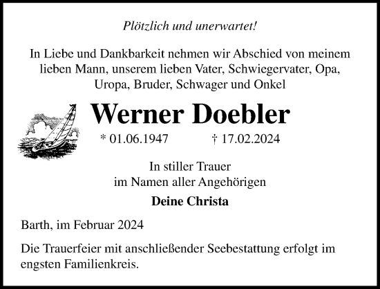 Traueranzeige von Werner Doebler von Ostsee-Zeitung GmbH