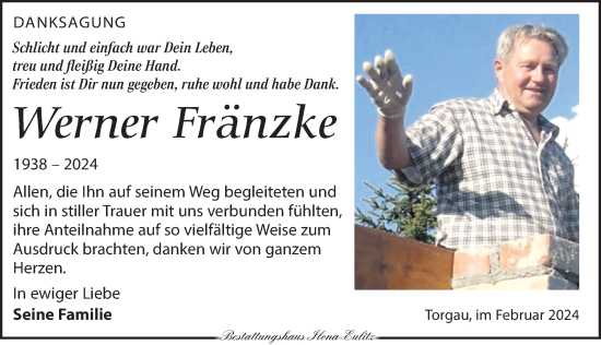 Traueranzeige von Werner Fränzke von Torgauer Zeitung