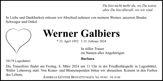 Traueranzeige von Werner Galbiers von Aller Zeitung