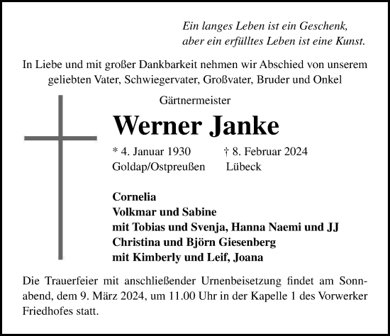 Traueranzeige von Werner Janke von Lübecker Nachrichten